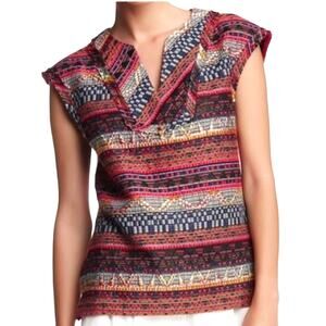 Trina Turk Yuba Woven Top Cap Sleeves Raw Edge Texture VNeck Poly Blend